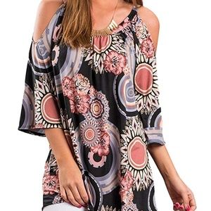 3/4 Sleeve Boho Floral Print Tunic Top